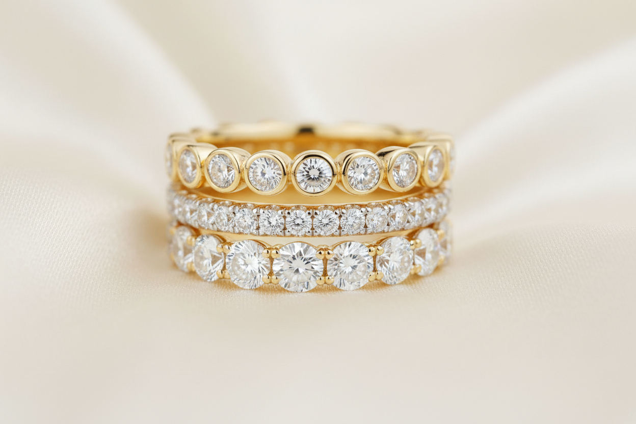 Three women’s 14K gold diamond eternity wedding bands on soft ivory fabric.