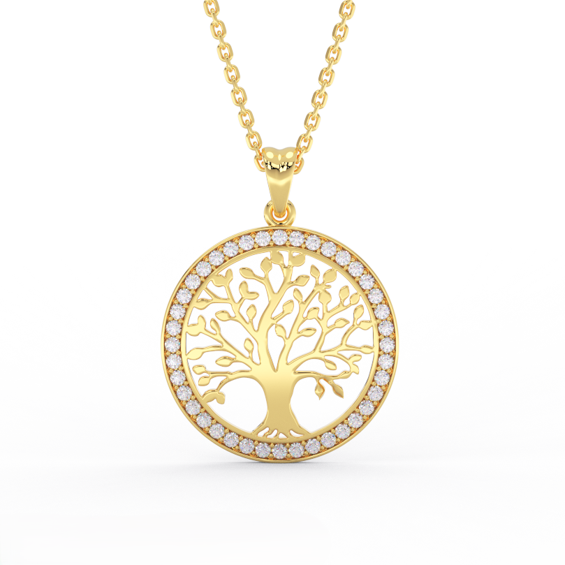 Tree of life diamond halo pendant in 14K yellow gold