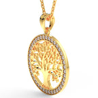 Tree of life diamond halo pendant in 14K yellow gold angle view