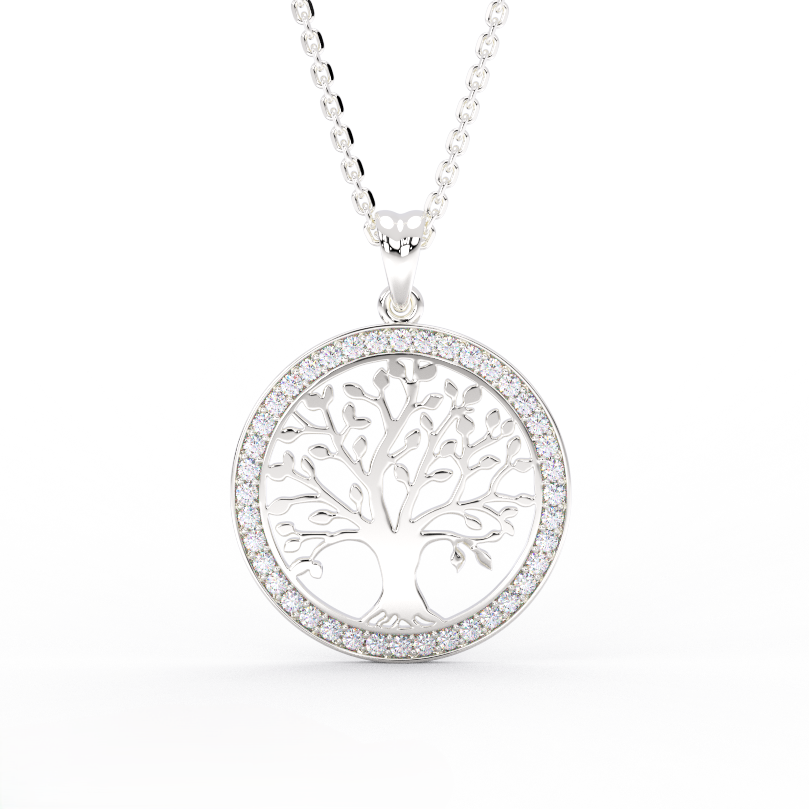 Tree of life diamond halo pendant in sterling silver