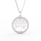Tree of life diamond halo pendant in sterling silver