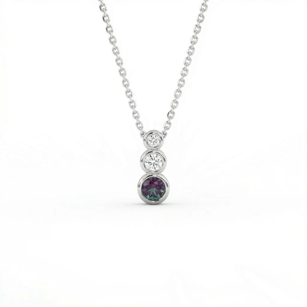 Tria Aura Diamond and Alexandrite Necklace in 14K white gold featuring bezel set diamonds and alexandrite gemstone