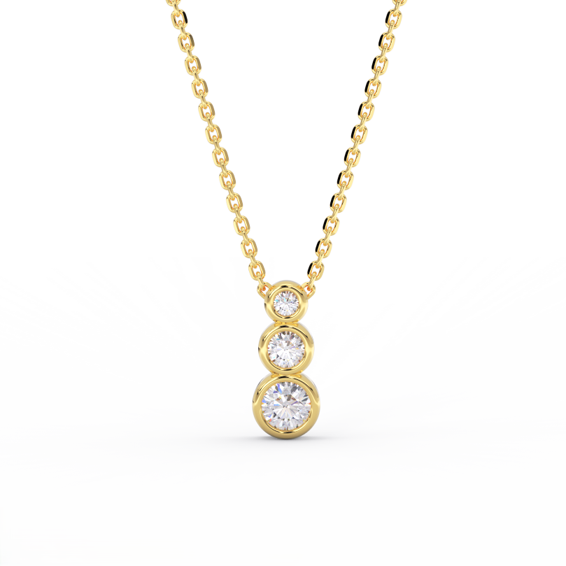 Tria Bezel Diamond Necklace in 14K yellow gold with three round bezel set diamonds