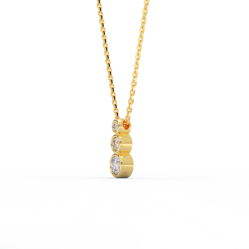 Tria Bezel Diamond Necklace in 14K yellow gold side view showing three bezel set round diamonds