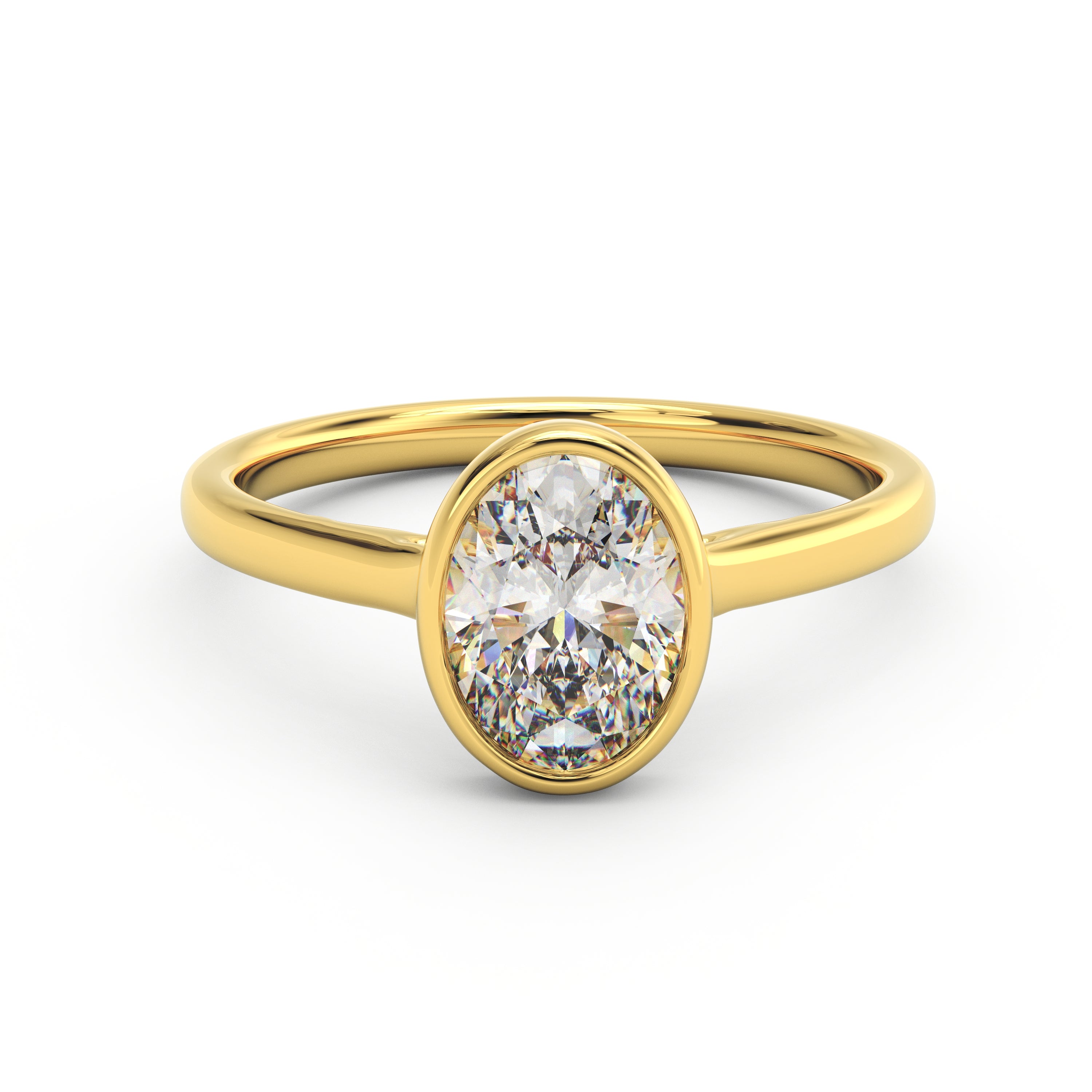 1ct oval bezel engagement ring in 14k yellow gold front view