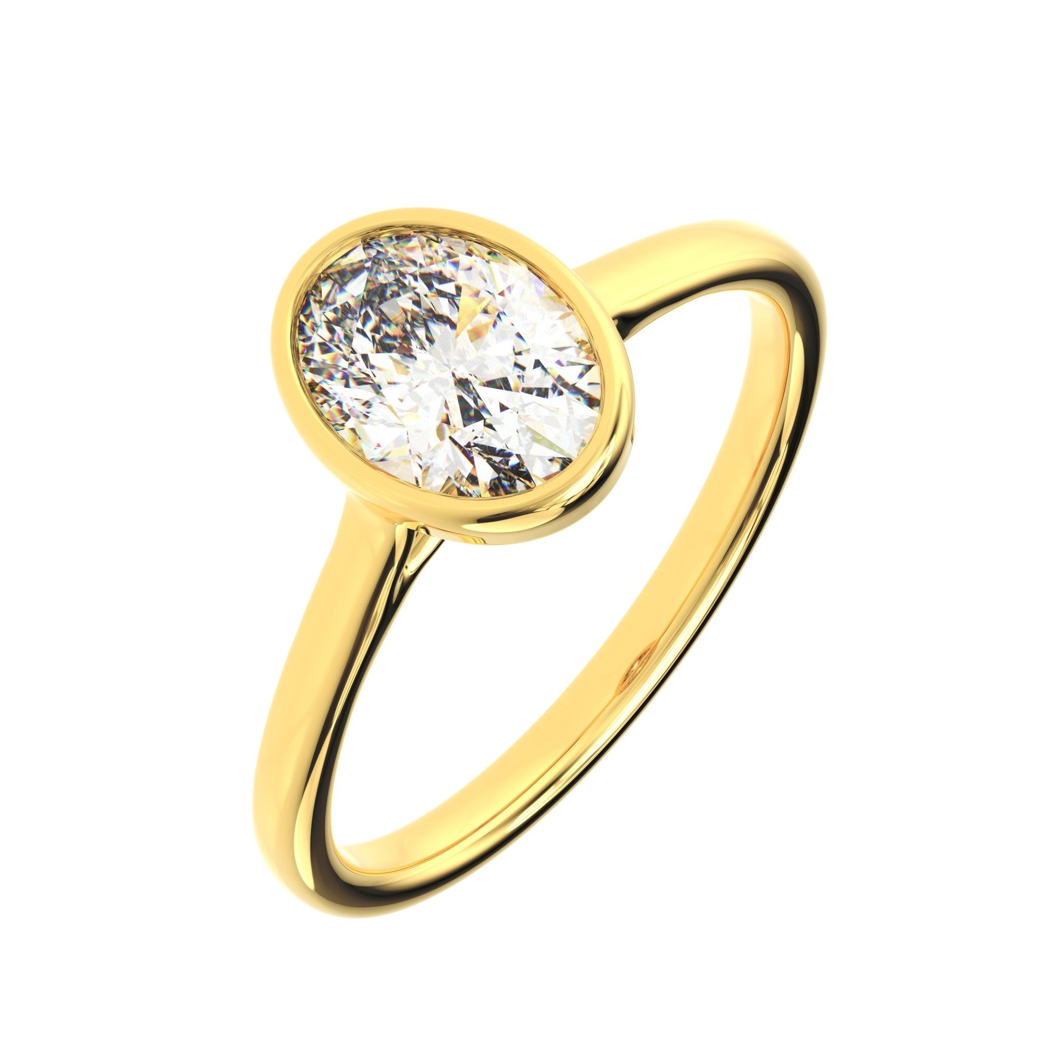 oval cut bezel engagement ring 1ct yellow gold angled view