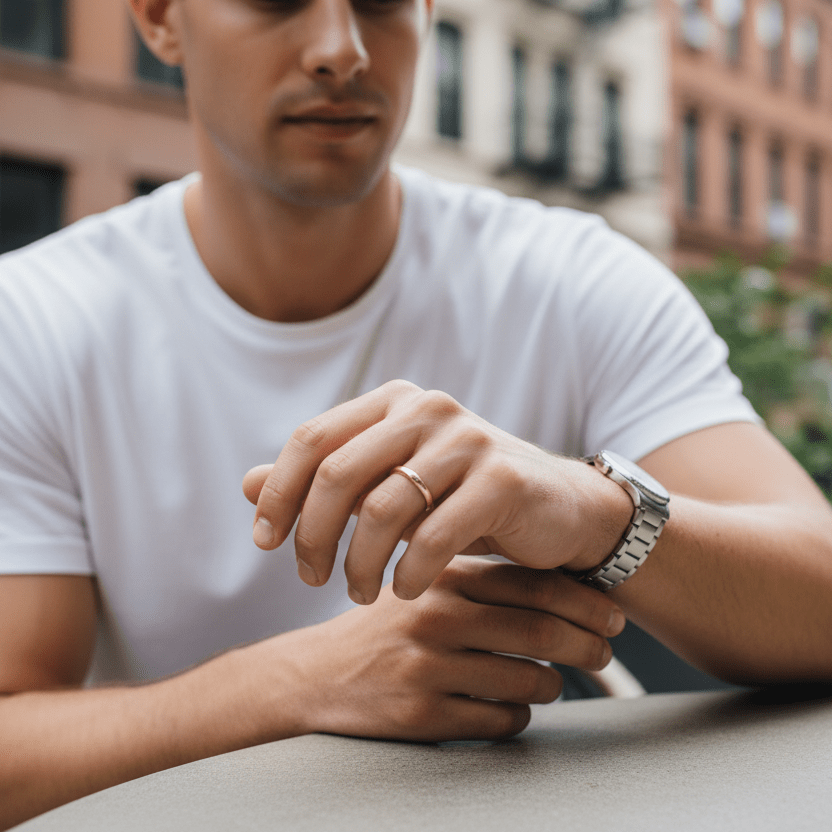 Triborough Dome Band in 14K Yellow Gold – 4mm men’s wedding ring shown in NYC lifestyle scene, worn with watch on male hand