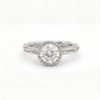 Branch-textured bezel engagement ring in solid 14K gold, bark detail along the band