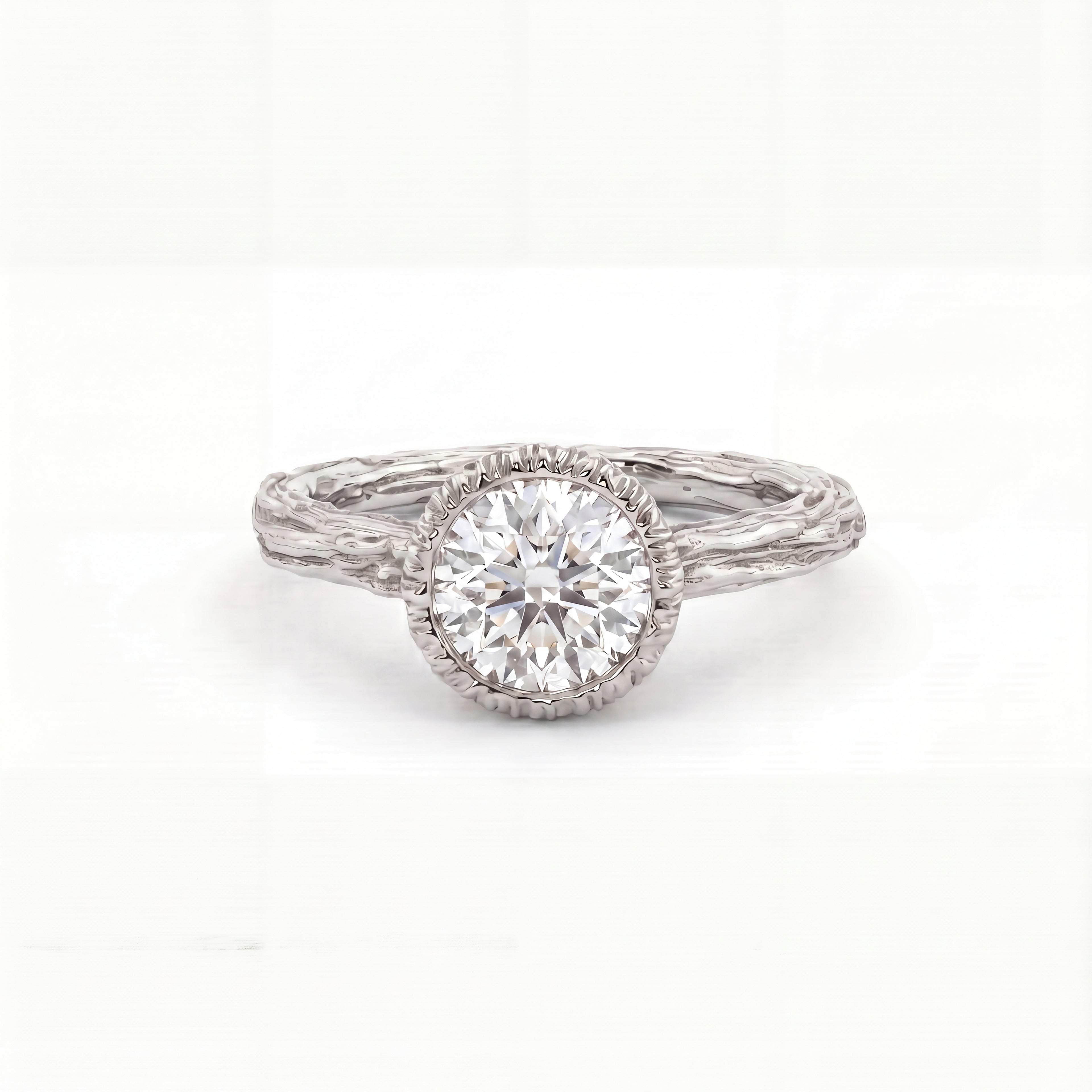 Branch-textured bezel engagement ring in solid 14K gold, bark detail along the band