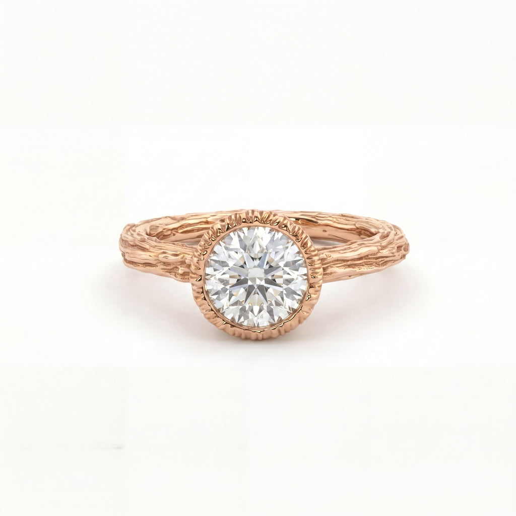 Twig engagement ring with round Lab-Grown Diamond bezel-set in solid 14K gold