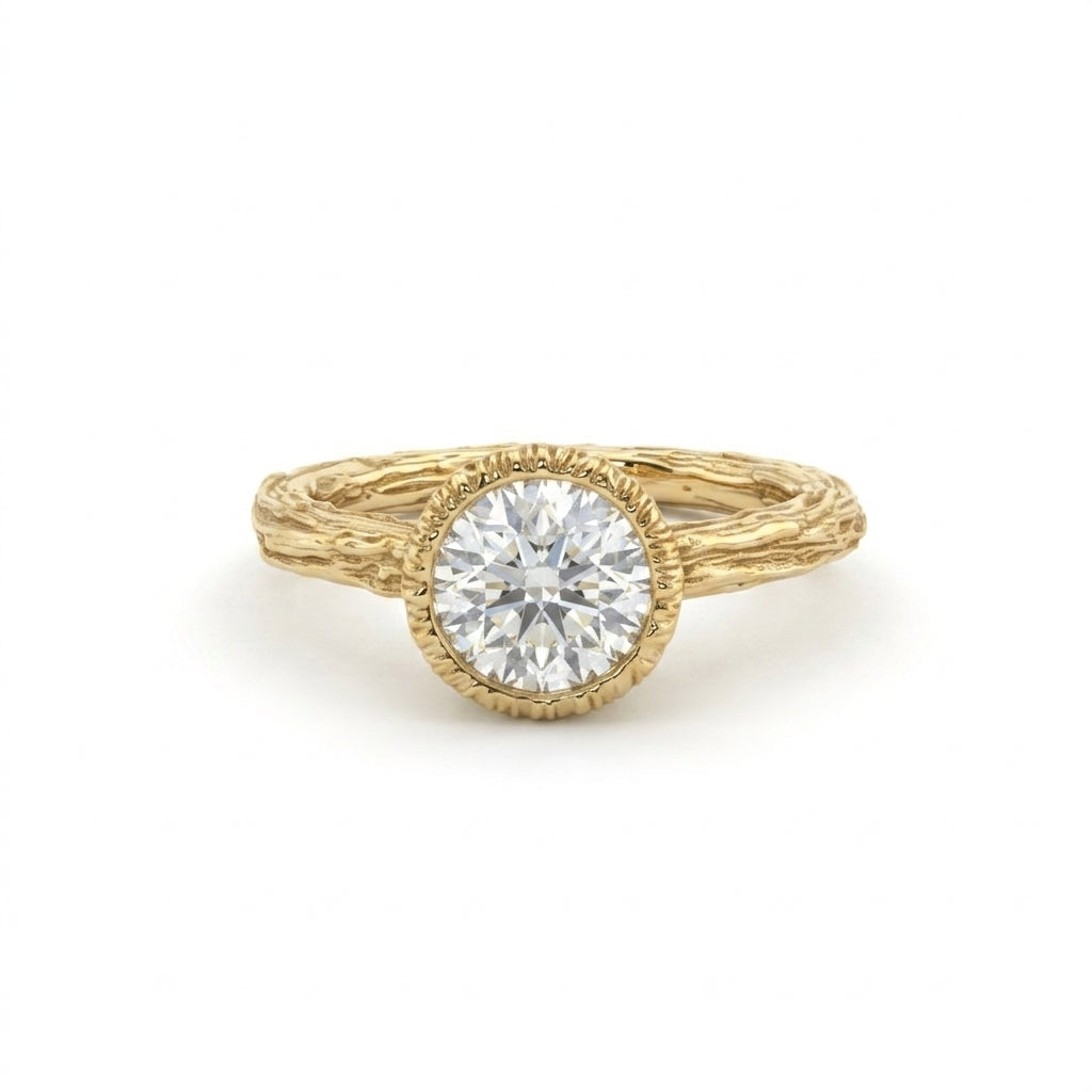Twig Lab-Grown Diamond engagement ring in solid 14K gold with a hand-carved branch band