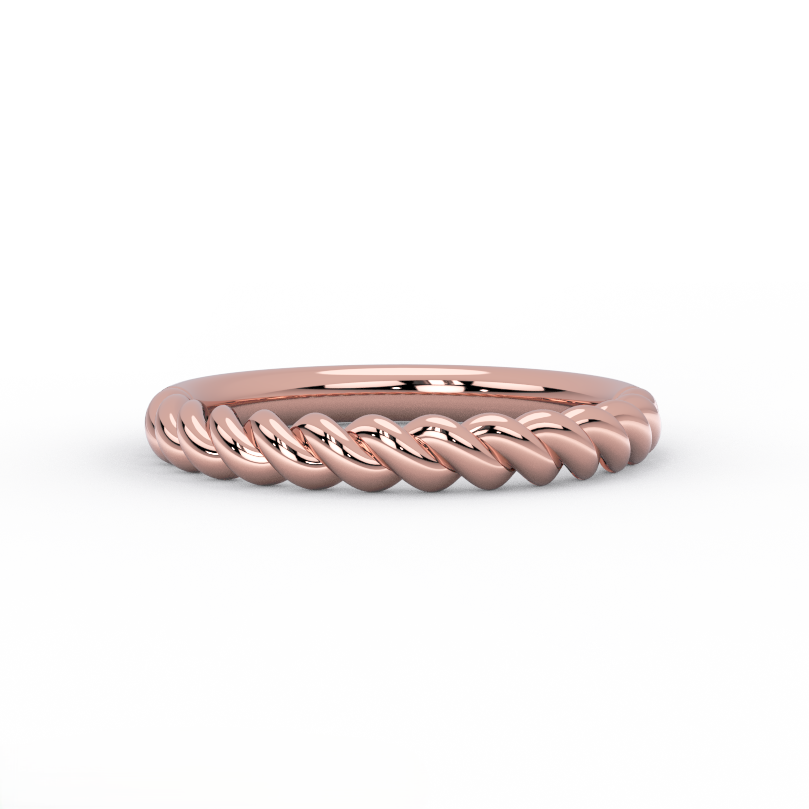 twisted rope gold wedding band in solid 14K rose gold – front view