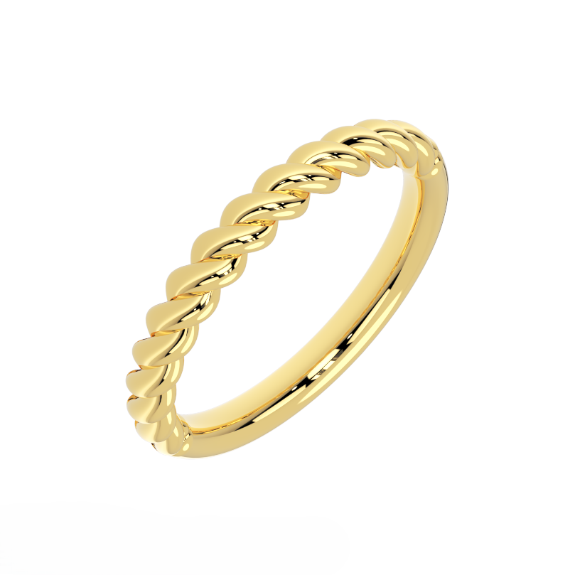 gold wedding band showing twisted rope pattern – angled view
