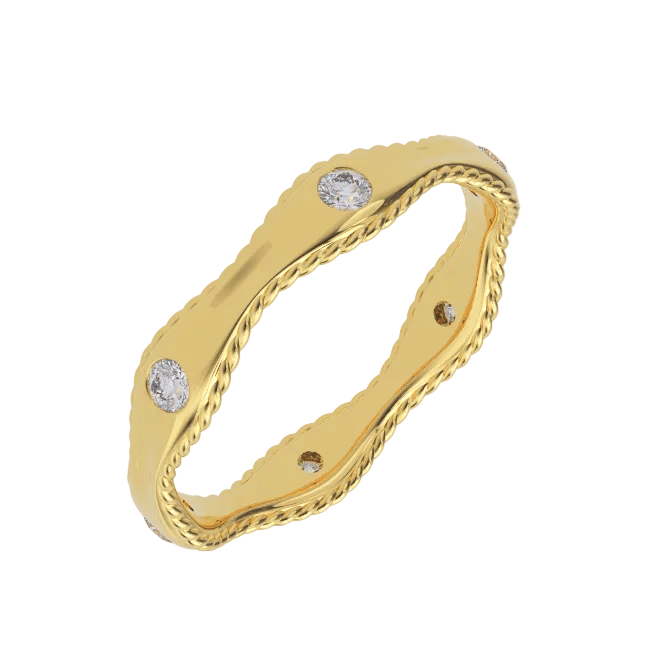 Angled view of 14K yellow gold twisted rope wave band with flush set diamonds