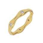 Angled view of 14K yellow gold twisted rope wave band with flush set diamonds