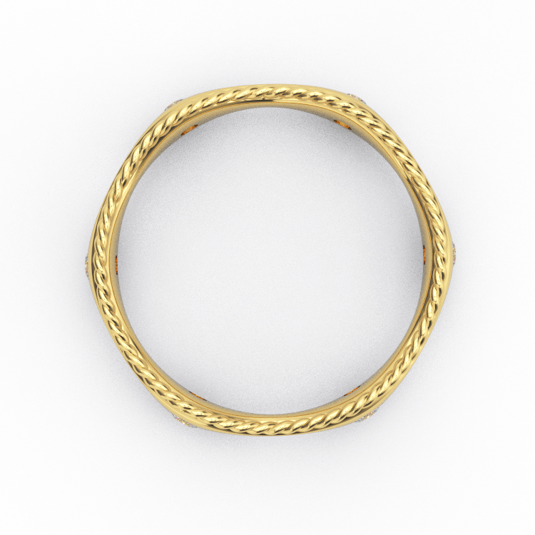 Top view of twisted rope diamond wave band showing rope edge detail in 14K yellow gold