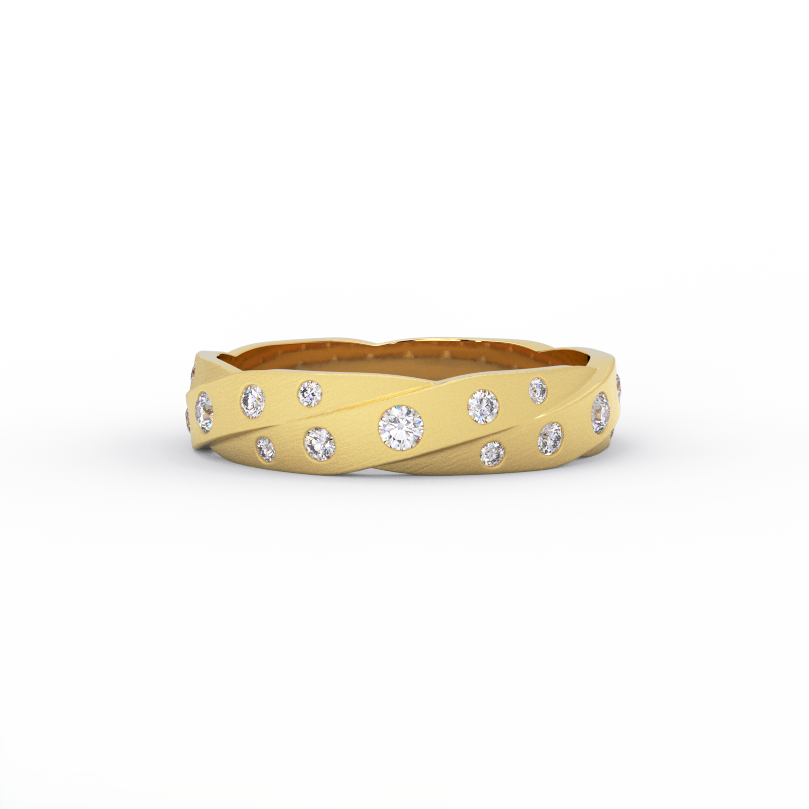 Textured 14K gold diamond wedding band with scattered round diamonds