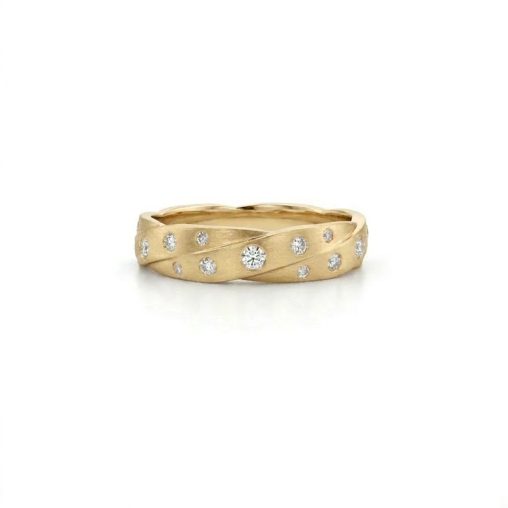 Twisted satin lab-grown diamond band in 14K gold, angled view showing the matte finish and scattered diamonds