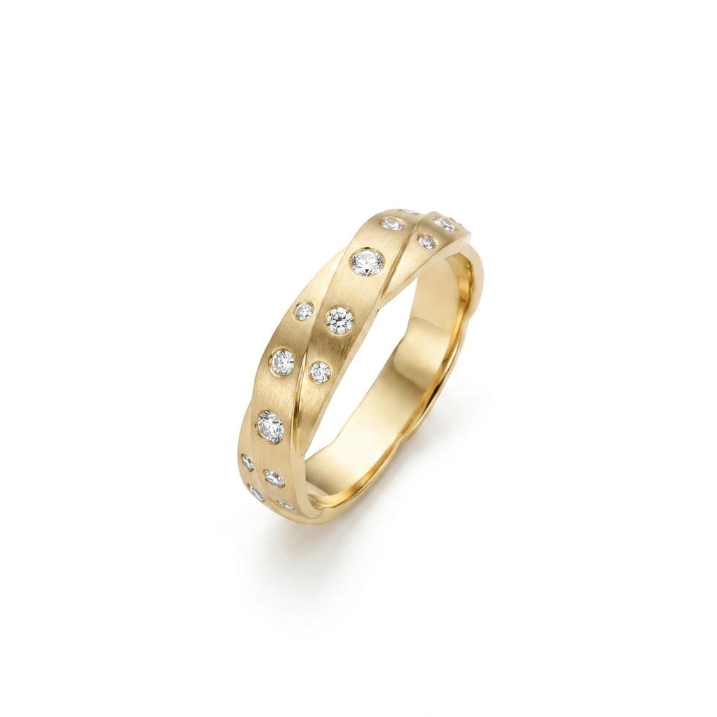 Matte satin-finish twisted diamond band in solid 14K gold, close view of the textured surface