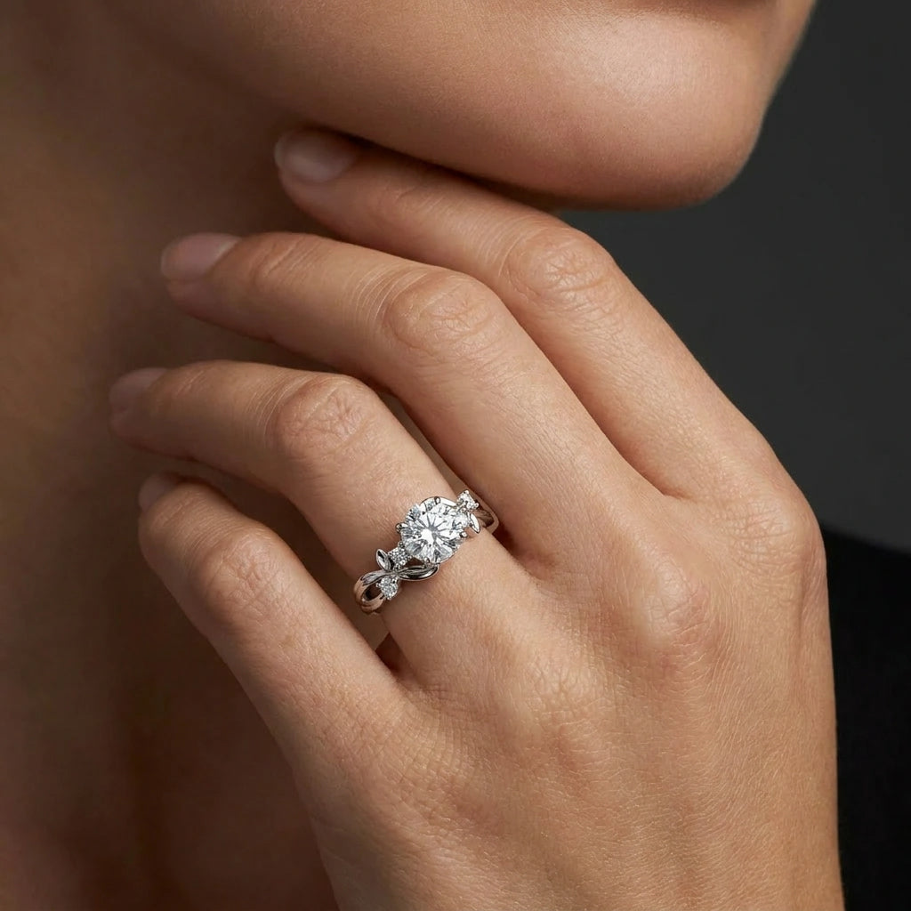 Twisted vine Lab-Grown Diamond engagement ring in 14K gold, lifestyle close-up showing sculptural vine band and round brilliant center — Black Pearl of Queens