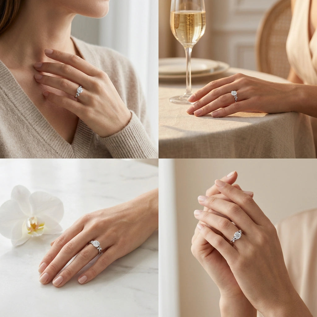Model wearing twisted vine Lab-Grown Diamond engagement ring in 14K yellow gold — Black Pearl of Queens