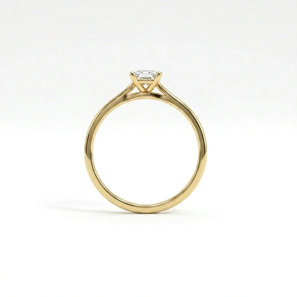 Side profile of ultra thin princess cut engagement ring in solid 14k yellow gold