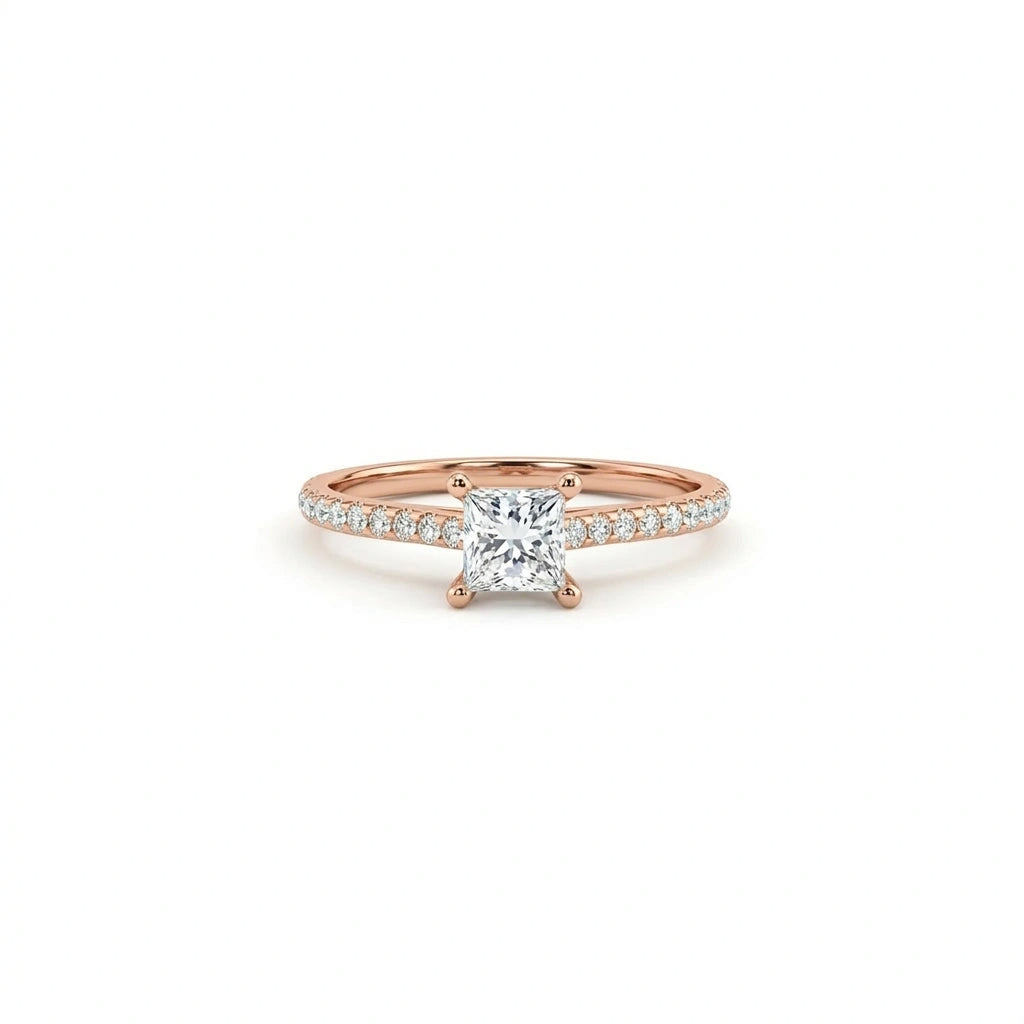 Ultra thin princess cut pavé engagement ring in 14k rose gold