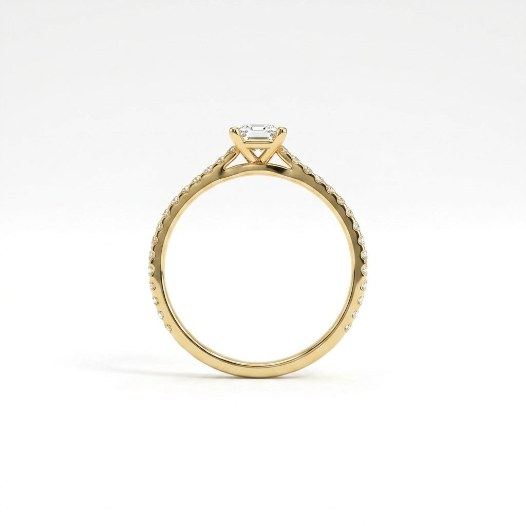 Side profile of ultra thin princess cut pavé engagement ring with cathedral setting