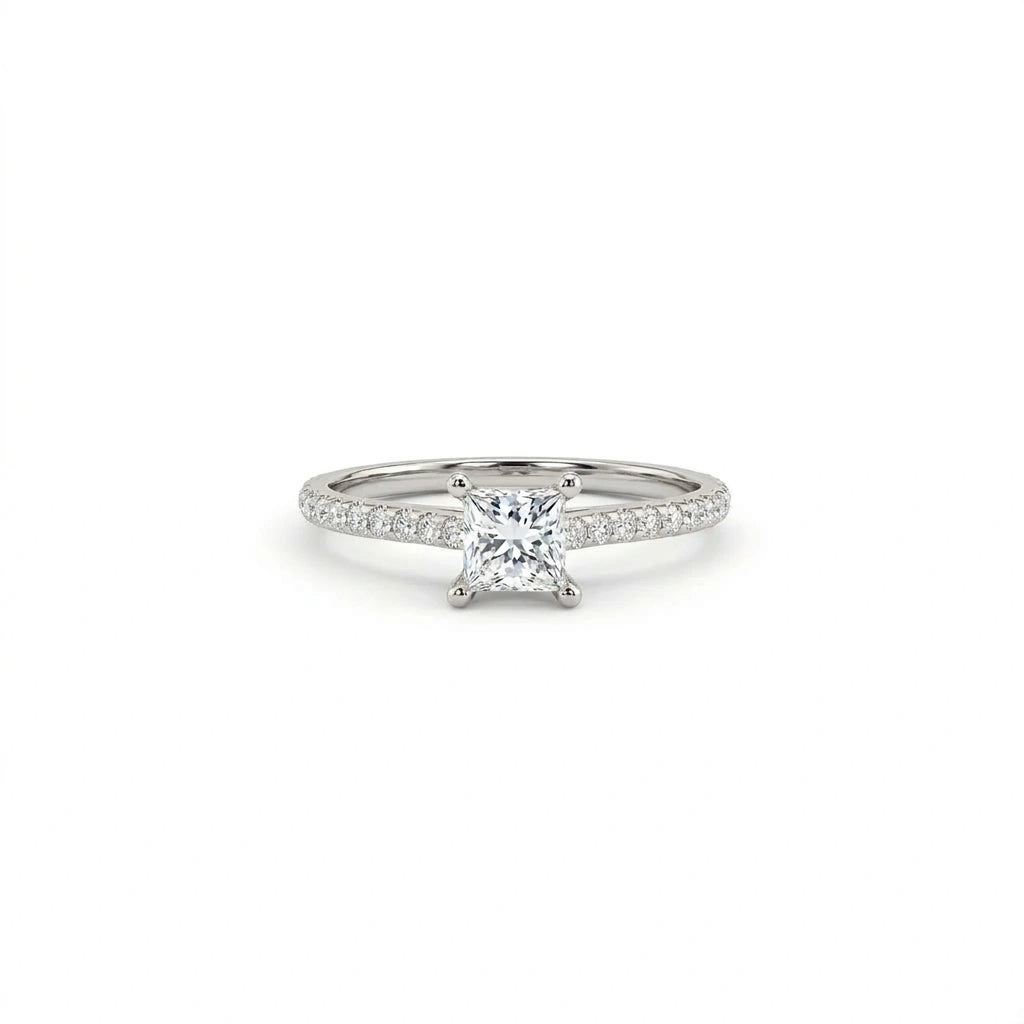 Ultra thin princess cut pavé solitaire ring in solid 14k white gold