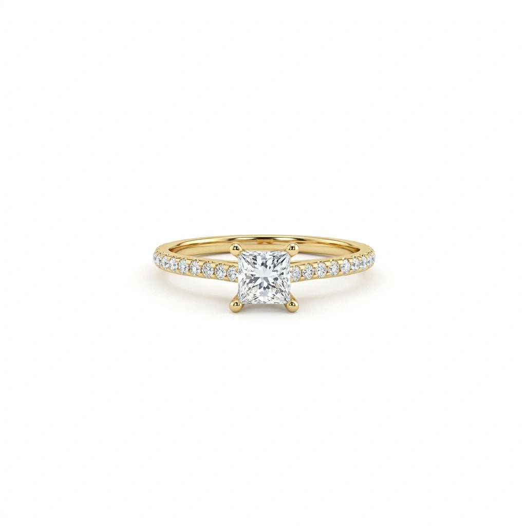 Ultra thin princess cut pavé engagement ring in solid 14k yellow gold