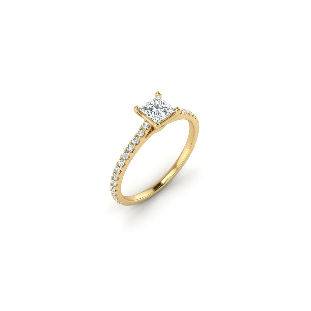 Angled view of ultra thin princess cut pavé engagement ring with diamond band