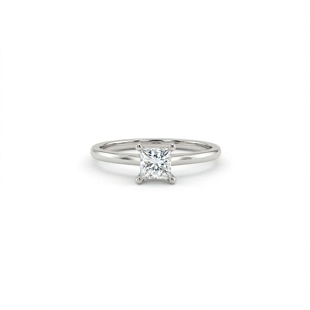 Ultra thin princess cut solitaire engagement ring in solid 14k white gold