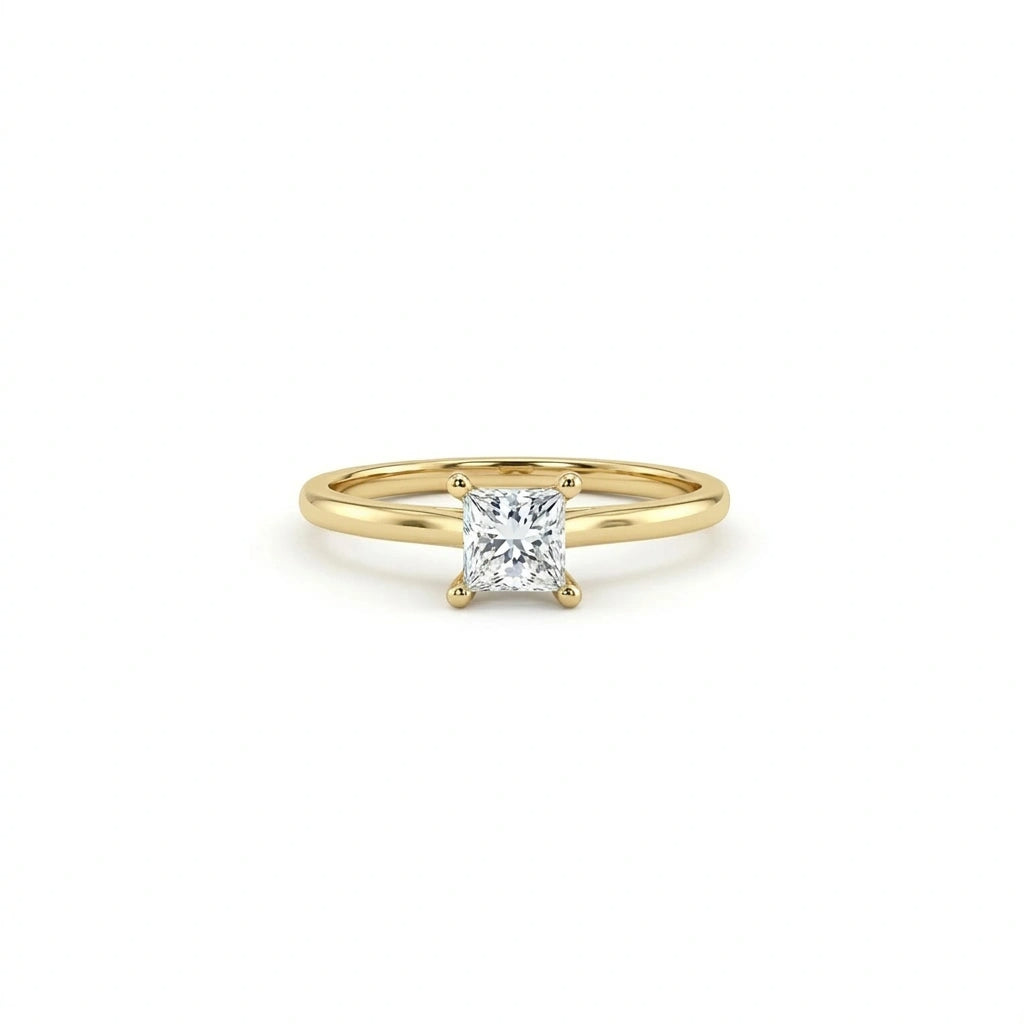 Ultra thin princess cut solitaire engagement ring in solid 14k yellow gold