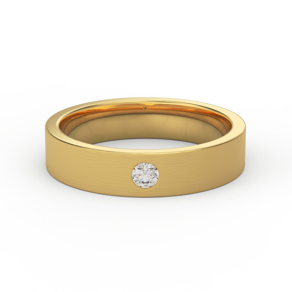 5mm satin finished men’s wedding band in 14K yellow gold with 0.10ct round diamond