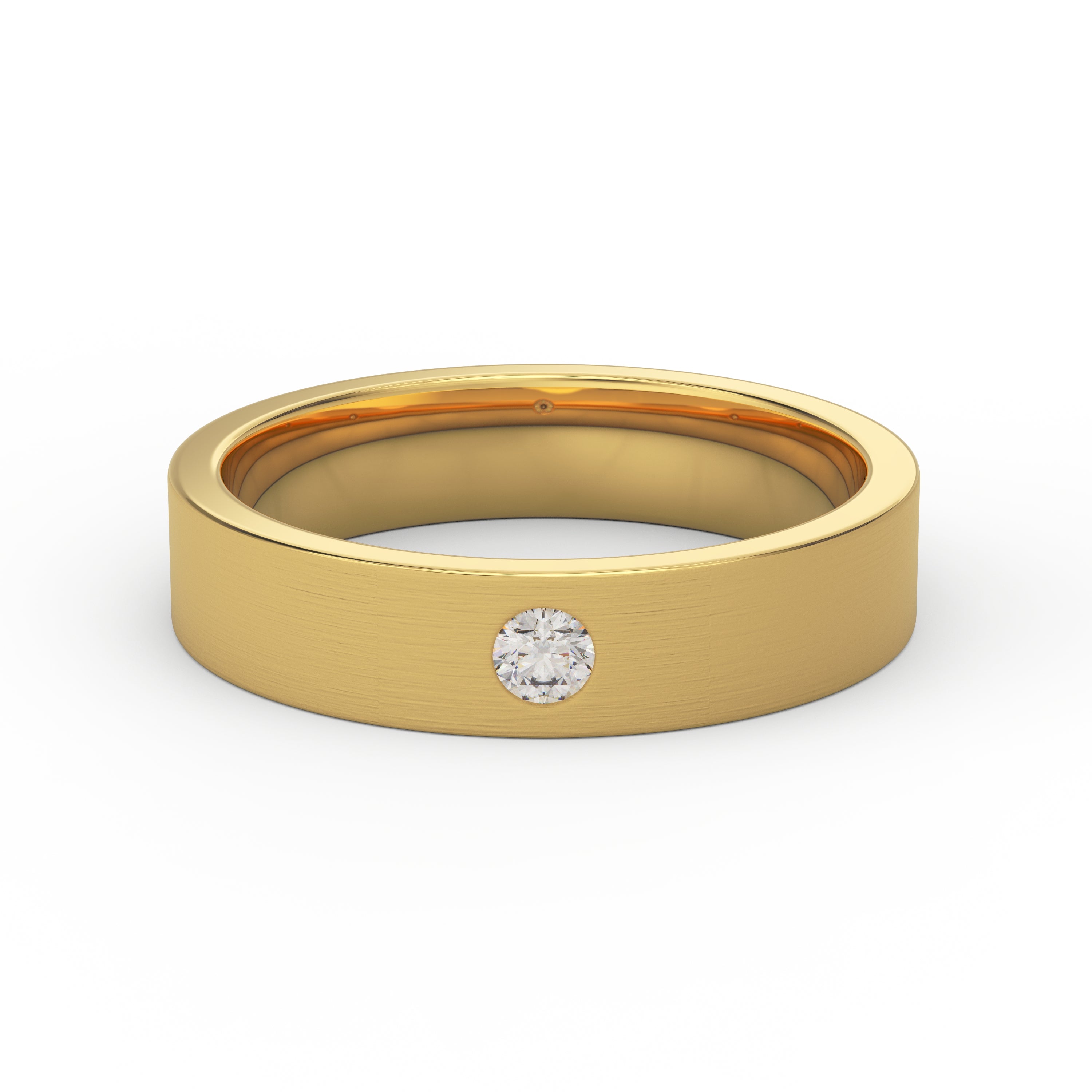 5mm satin finished men’s wedding band in 14K yellow gold with 0.10ct round diamond