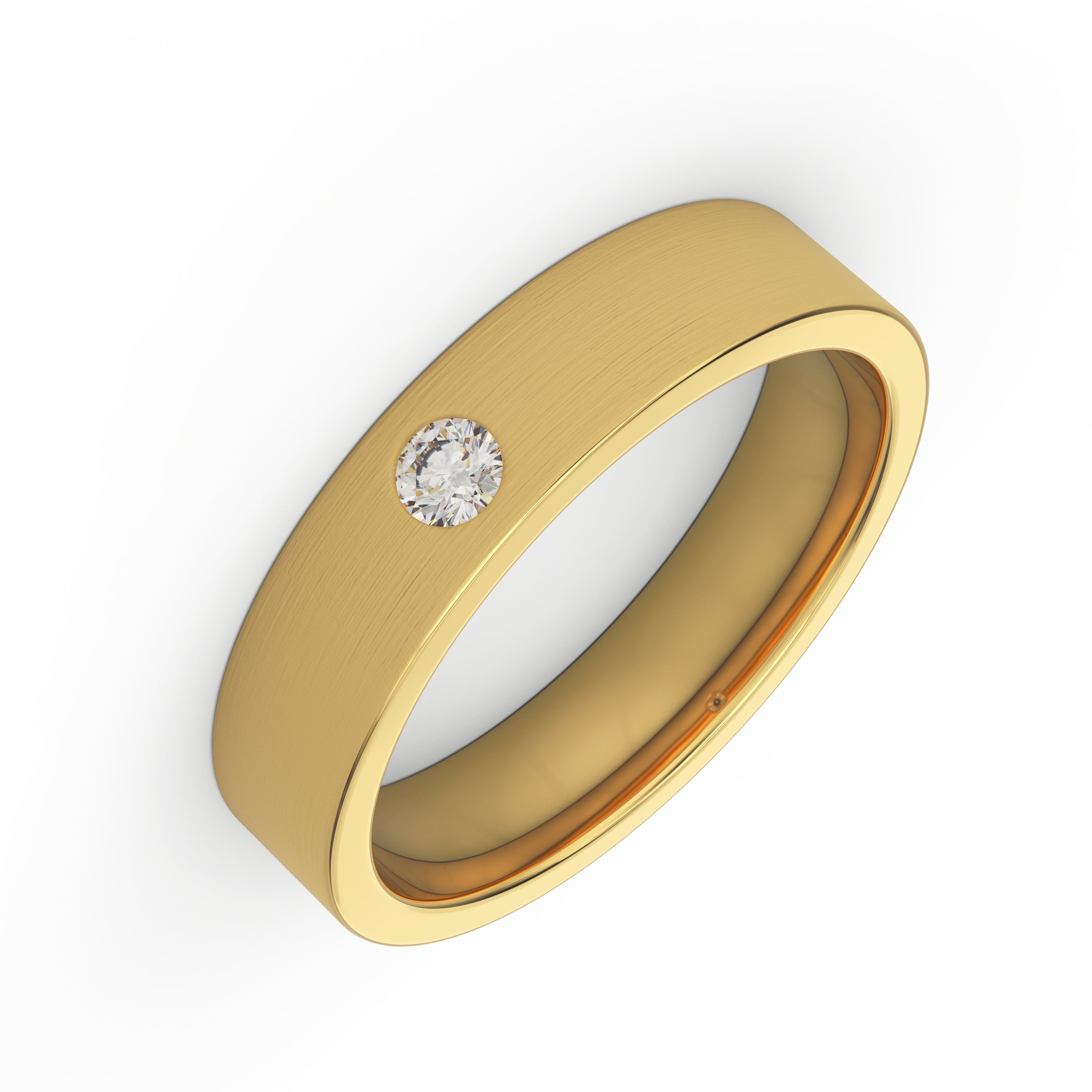 5mm satin finished men’s wedding band in 14K yellow gold with 0.10ct round diamond angle view