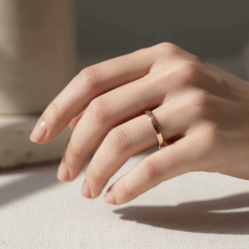 Woman wearing a flat 14K yellow gold wedding band on hand in natural daylight