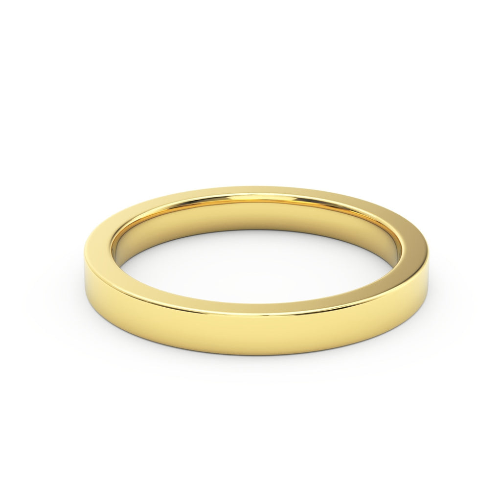 Flat women’s wedding band in polished 14K yellow gold