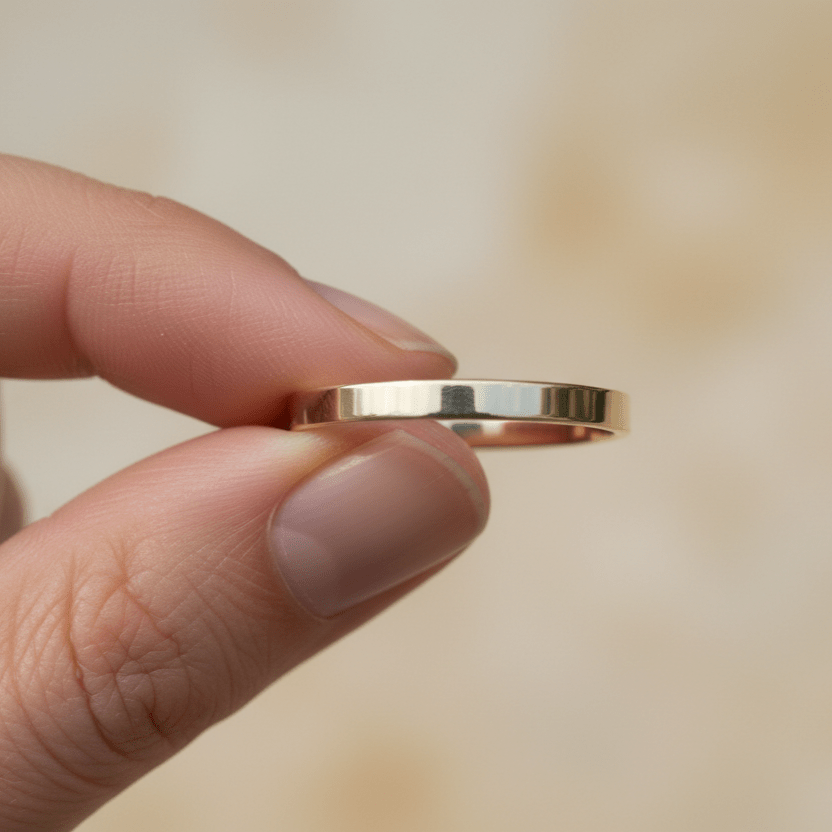 Flat 14K yellow gold wedding band shown from side profile to display thin edge and polished finish
