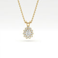 Valeria halo pendant in 14K yellow gold featuring pear-shaped center diamond with round diamond halo, front view