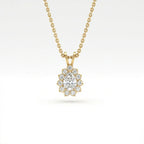 Valeria halo pendant in 14K yellow gold featuring pear-shaped center diamond with round diamond halo, front view