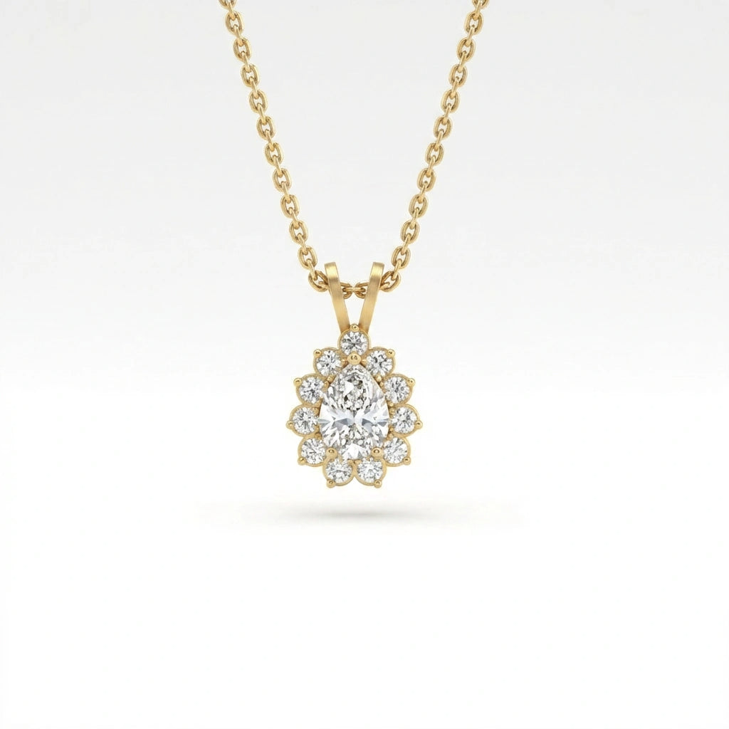 Valeria halo pendant in 14K yellow gold featuring pear-shaped center diamond with round diamond halo, front view