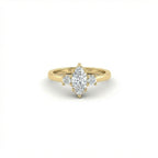 Vela marquise diamond engagement ring in 14K yellow gold with three-stone setting, marquise center diamond and round side stones, front view