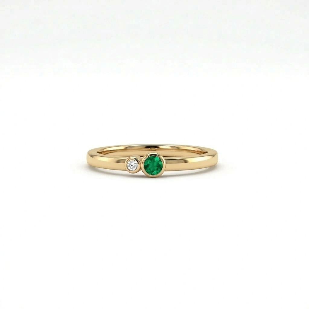 Diamond and emerald duo ring in solid 14k yellow gold front view