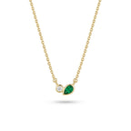 Minimalist pear emerald and diamond necklace in solid 14k yellow gold