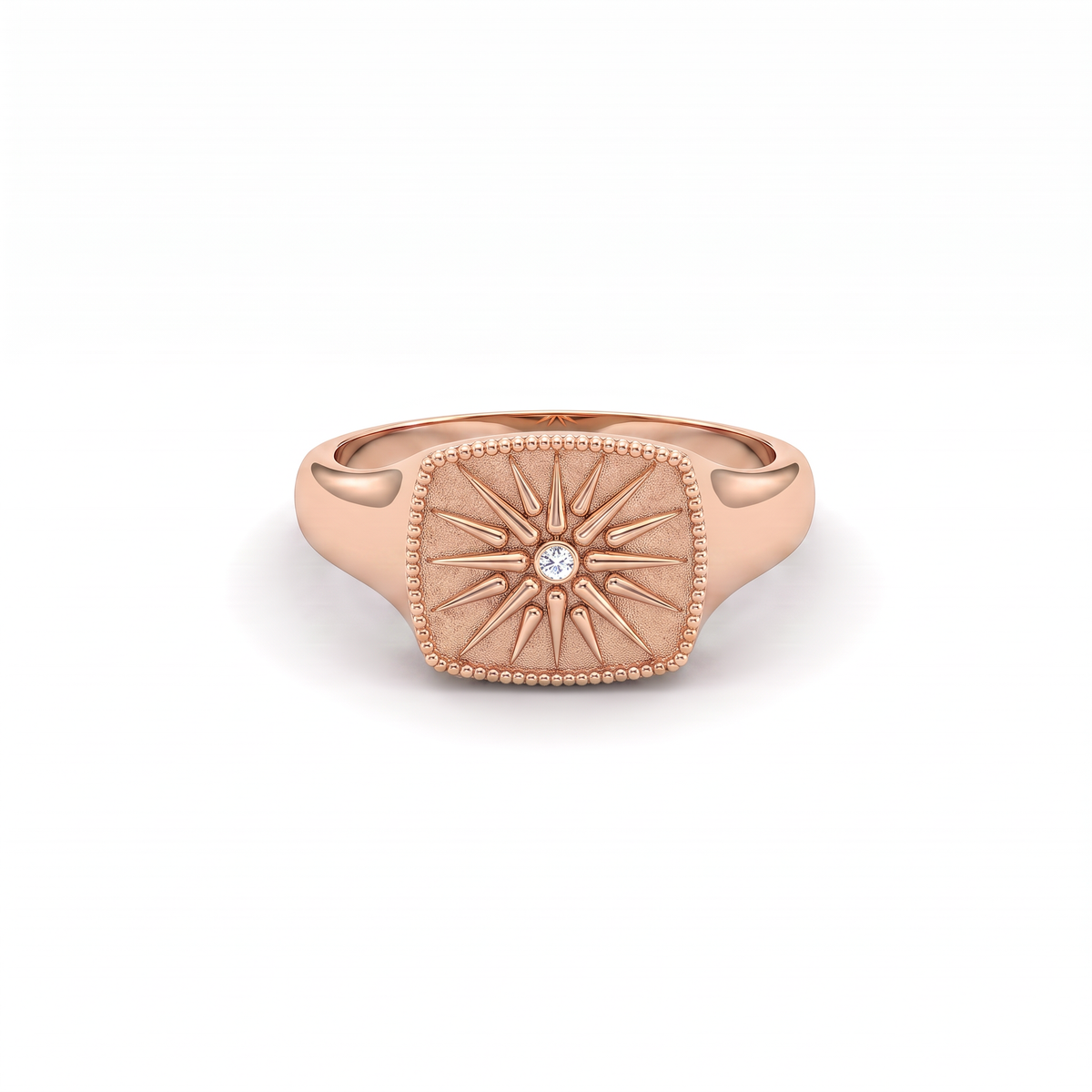Vergina Sun signet ring in 14K rose gold with a Lab-Grown Diamond center and milgrain border, front view