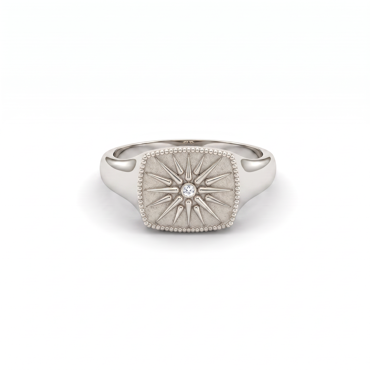 Vergina Sun signet ring in 14K white gold with a Lab-Grown Diamond center and milgrain border, front view