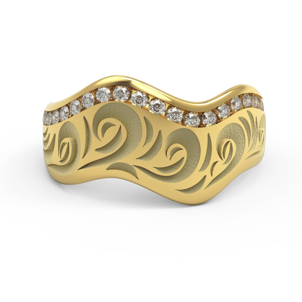 Front view of Vintage Scroll Wave Diamond Ring in 14K gold with diamond accents