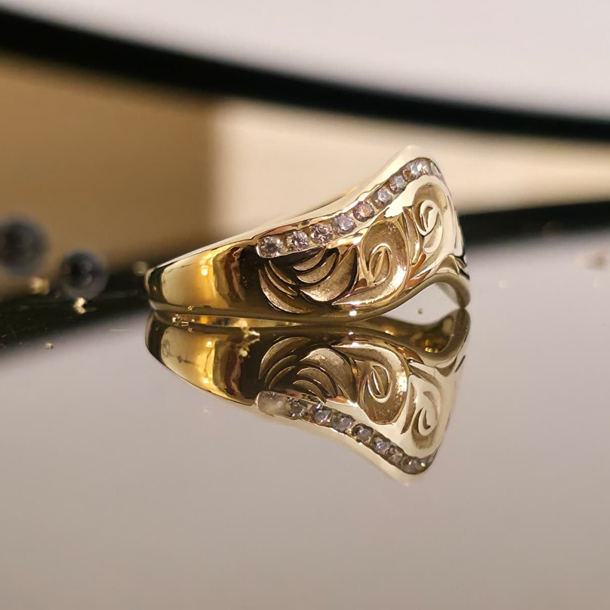 Side view of Vintage Scroll Wave Diamond Ring showing engraved scroll details and diamonds