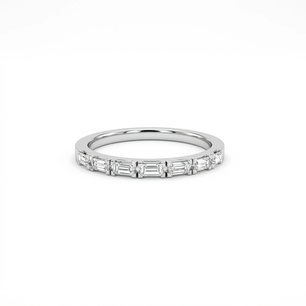 Virel Baguette Cut Diamond Band in 14K white gold, front view showing 7 bar-set baguette lab diamonds in 3/4 setting on 1.8mm slim band